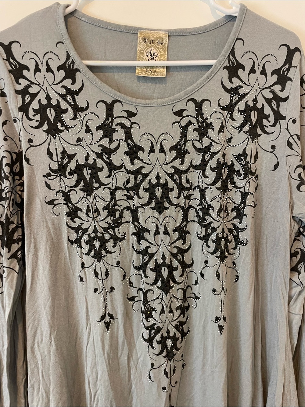 Vocal Light Gray Long Sleeve Top with Black Filigree and Rhinestones